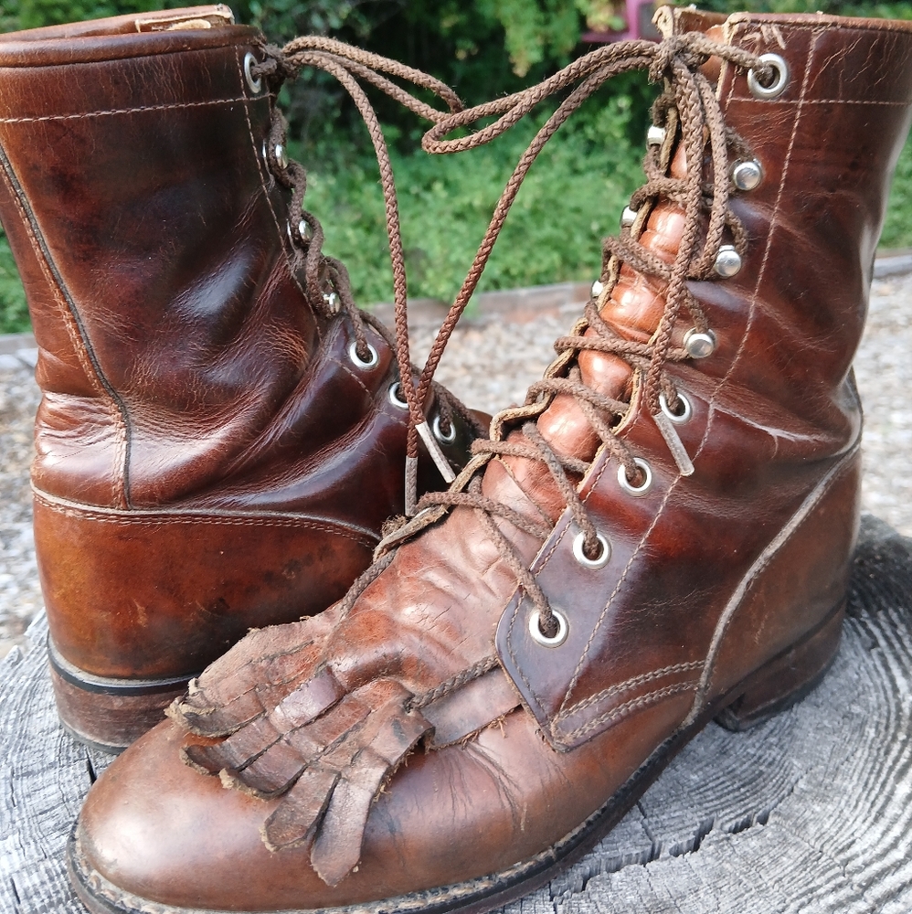 Vintage Tony Lama Original Tassle Roper Boots Cowboy Western Brown Leather 4.5